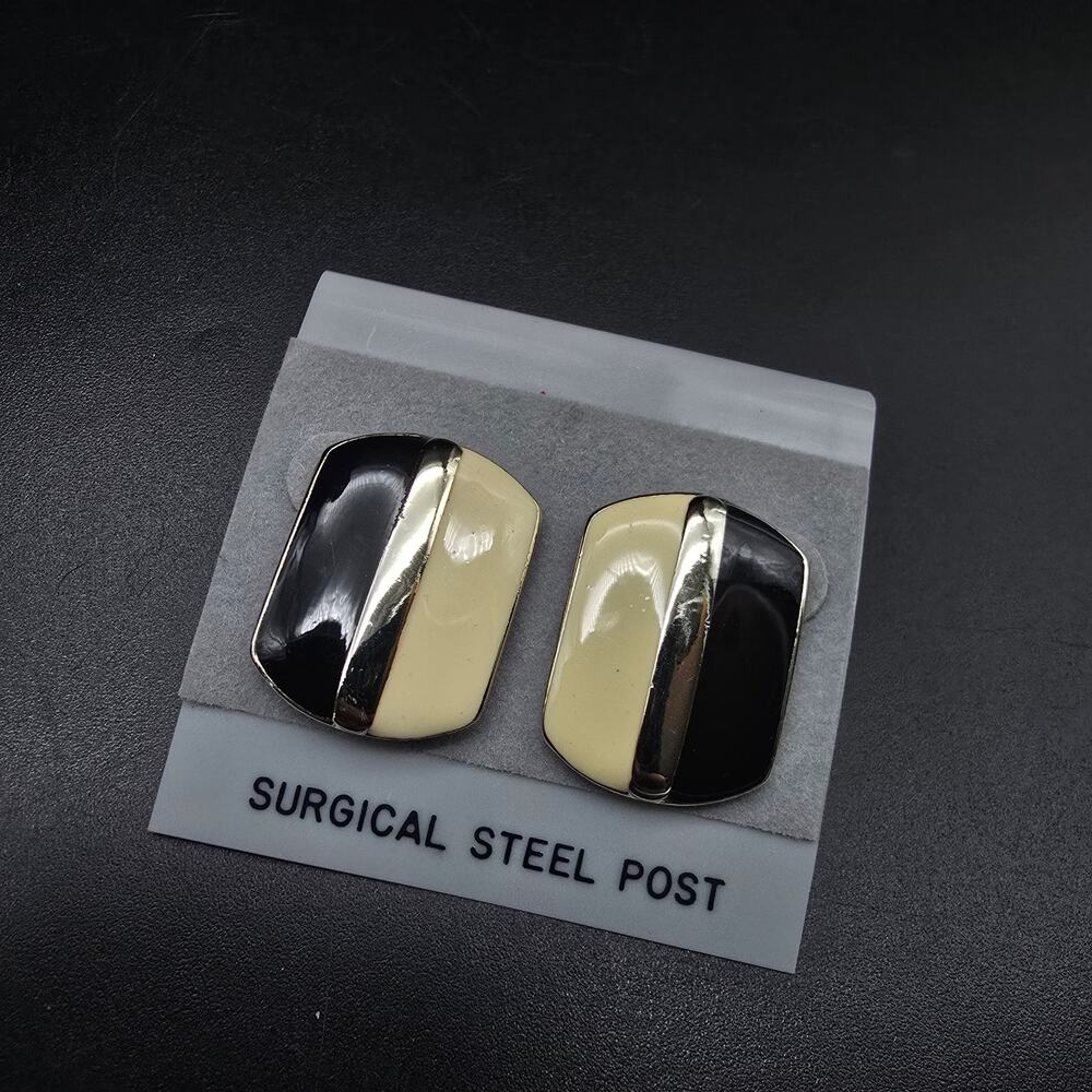 Black Cream Enamel Clip On Earrings Rectangle Vintage NOS NWT